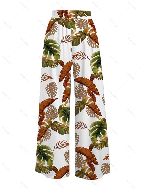 Vacation Pants Tropical Monstera Leaf Print Belt Wide Leg Pants - PLANT GREEN XXXXL | US 18