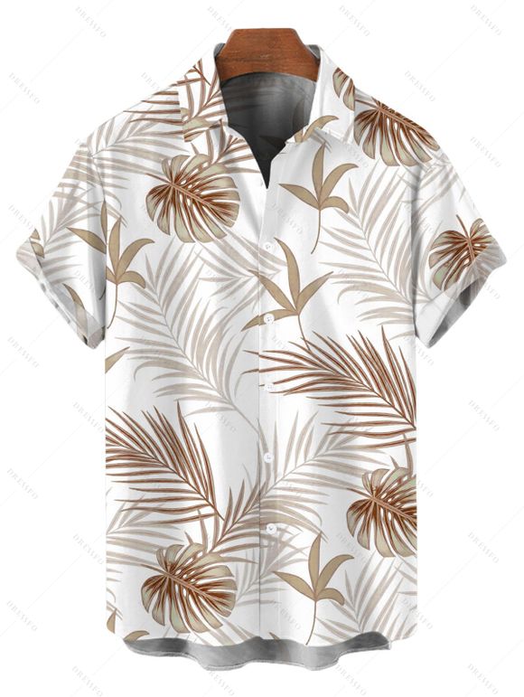 Vacation Couple Outfit Solid Color Ruffle Cinched Romper and Tropical Leaf Print Shirt Set - café lumière S | US 4