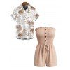 Vacation Couple Outfit Solid Color Ruffle Cinched Romper and Tropical Leaf Print Shirt Set - café lumière S | US 4