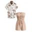 Vacation Couple Outfit Solid Color Ruffle Cinched Romper and Tropical Leaf Print Shirt Set - café lumière S | US 4