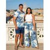 Vacation Couple Outfit Cropped Tank Top Tropical Leaf Print Belt Pants and Shirt Shorts Set - Bleu S | US 4