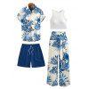Vacation Couple Outfit Cropped Tank Top Tropical Leaf Print Belt Pants and Shirt Shorts Set - Bleu S | US 4