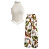 Vacation Outfit Tassel Slim Fit Textured Tank Top and Monstera Leaf Print Belt Wide Leg Pants Set - Blanc S | US 4