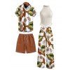 Vacation Couple Outfit Tassel Tank Top Tropical Leaf Print Belt Pants and Shirt Shorts Set - Blanc S | US 4