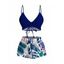 Hawaii Vacation Swimsuit Set Cinched Pop Art Contrast Color Monstera Leaf Print Swimwear - Bleu profond XXL | US 14