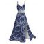 Hawaii Vacation Dress Outline Sketch Hibiscus Floral Print Lace Hollow Out Slit Dress - Bleu profond XXXXXL | US 20