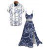 Hawaii Vacation Couple Outfit Sketch Hibiscus Floral Print Lace Hollow Out Slit Dress and Shirt Set - Bleu profond S | US 4