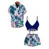 Hawaii Vacation Couple Outfit Cinched Contrast Color Monstera Leaf Print Swimsuit and Shirt Set - Bleu profond S | US 4