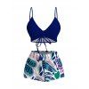 Hawaii Vacation Couple Outfit Cinched Contrast Color Monstera Leaf Print Swimsuit and Shirt Set - Bleu profond S | US 4