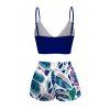 Hawaii Vacation Couple Outfit Cinched Contrast Color Monstera Leaf Print Swimsuit and Shirt Set - Bleu profond S | US 4