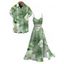 Vacation Hawaii Couple Outfit Hibiscus Lily Floral Print Lace Hollow Out Slit Dress and Shirt Set - Vert clair S | US 4