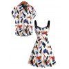Vacation Couple Outfit Abstract Art Graffiti Color Block Print Ruched Dress and Shirt Set - Blanc S | US 4