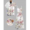 Vacation Couple Outfit Lily Floral Bud Print Pocket Spaghetti Strap Dress and Shirt Set - Blanc S | US 4
