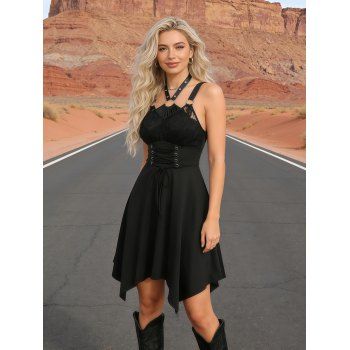 Corset Style Gothic Asymetrical A Line Dress Lace-up Rose Lace Insert O Ring Halter Dress