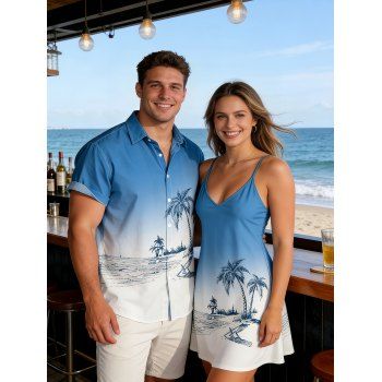 Hawaii Ombre Coconut Tree Print V Neck High Waist Spaghetti Strap Dress and Roll Up Sleeve Shirt Outfit