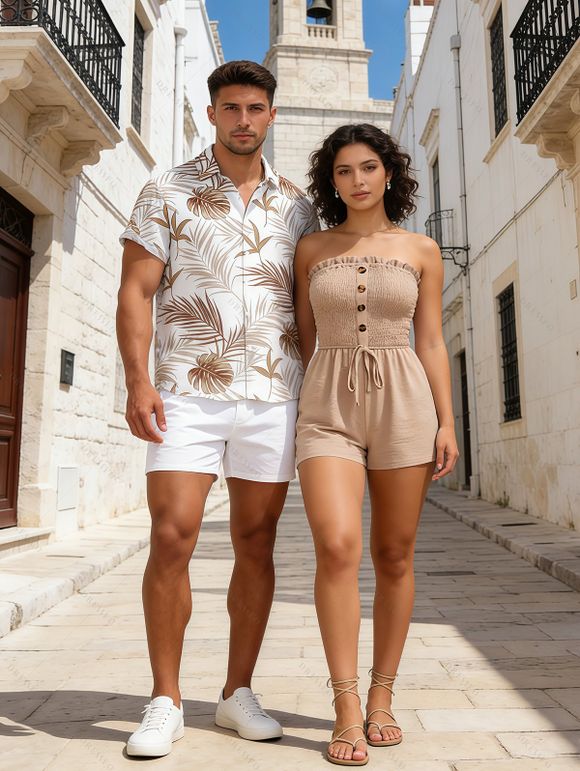 Vacation Couple Outfit Solid Color Ruffle Cinched Romper and Tropical Leaf Print Shirt Set - café lumière S | US 4