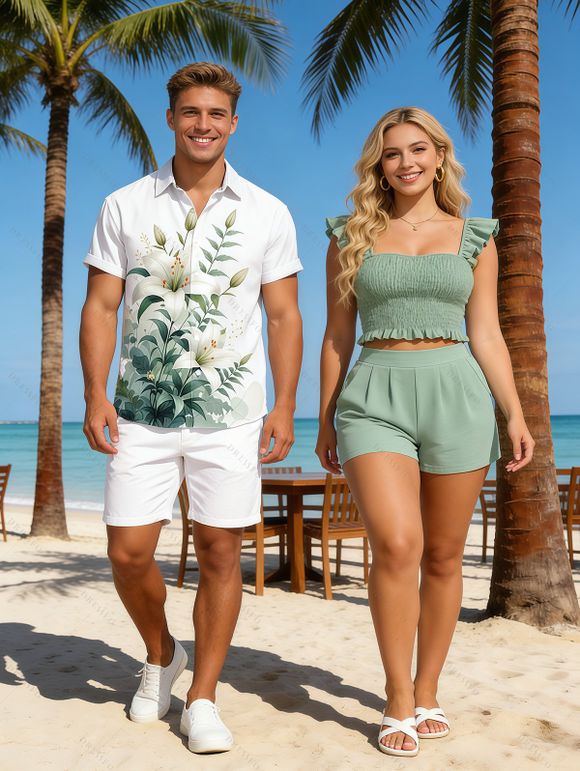 Vacation Couple Outfit Smocked Ruffle Tank Top Pocket Shorts and Lily Floral Print Shirt Set - Vert clair S | US 4
