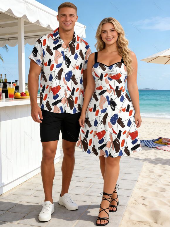 Vacation Couple Outfit Abstract Art Graffiti Color Block Print Ruched Dress and Shirt Set - Blanc S | US 4