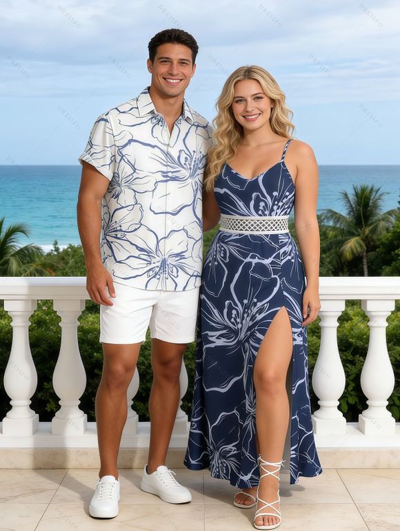 Hawaii Vacation Couple Outfit Sketch Hibiscus Floral Print Lace Hollow Out Slit Dress and Shirt Set - Bleu profond S | US 4