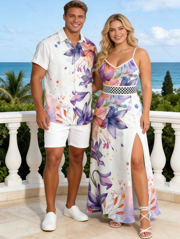 Hawaii Vacation Couple Outfit  Lily Iris Floral Print Lace Hollow Out Slit Dress and Shirt Set - Blanc S | US 4