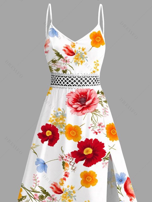 Vacation Dress Colorful Tropical Floral Print Lace Hollow Out Slit Dress - multicolor XXXXXL | US 20