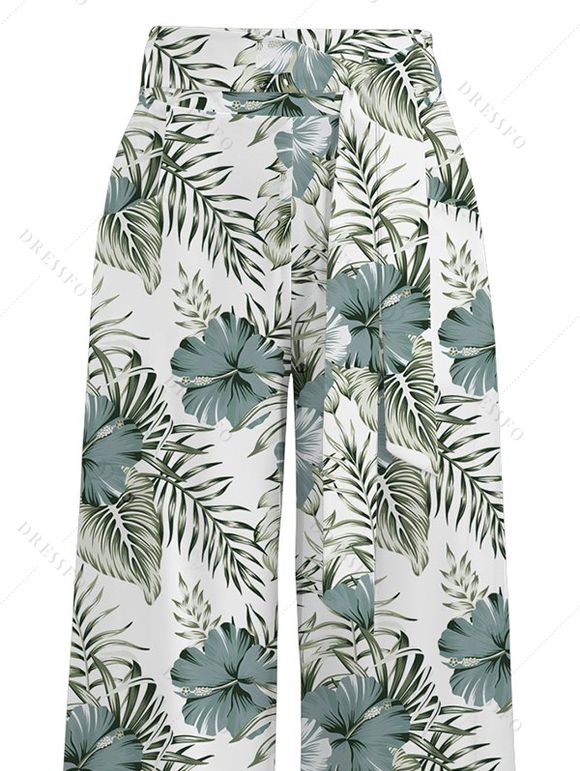 Vacation Pants Hibiscus Floral Leaf Print Wide Leg Belt Pants - Vert clair XXXXXL | US 20
