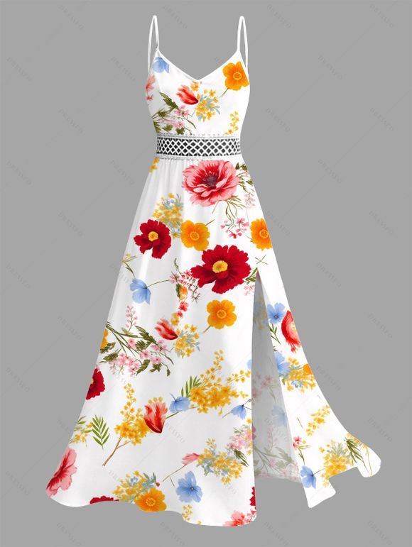 Vacation Couple Outfit Colorful Tropical Floral Print Lace Hollow Out Slit Dress and Shirt Set - multicolor S | US 4