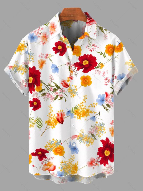 Vacation Couple Outfit Colorful Tropical Floral Print Lace Hollow Out Slit Dress and Shirt Set - multicolor S | US 4