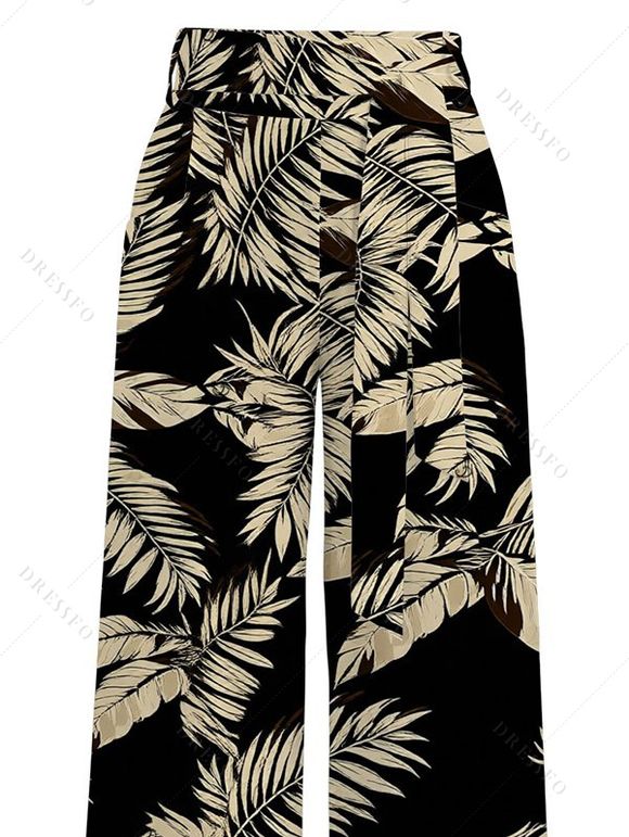 Vacation Pants Tropical Palm Leaf Print Wide Leg Belt Pants - Noir XXXXXL | US 20