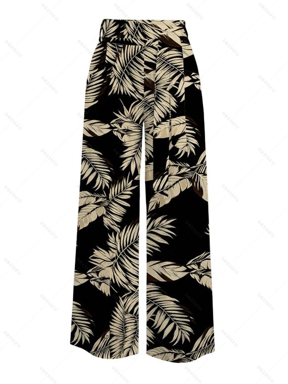 Vacation Couple Outfit Textured Tank Top Palm Leaf Print Belt Pants and Shirt Shorts Set - Noir S | US 4
