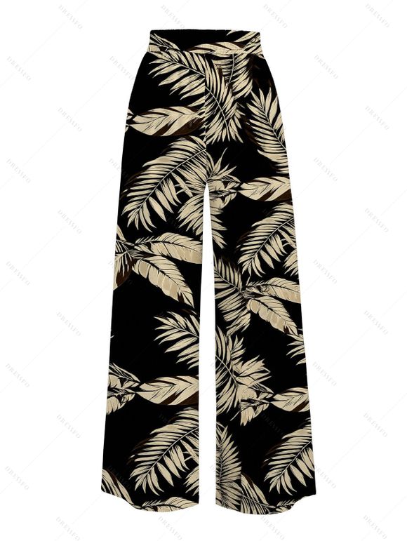 Vacation Couple Outfit Textured Tank Top Palm Leaf Print Belt Pants and Shirt Shorts Set - Noir S | US 4