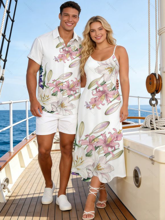 Vacation Couple Outfit Lily Floral Bud Print Pocket Spaghetti Strap Dress and Shirt Set - Blanc S | US 4