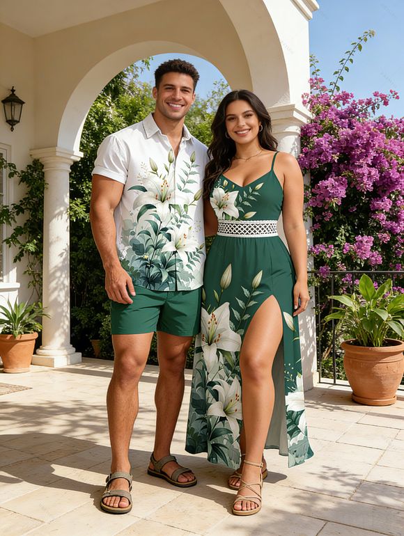Vacation Couple Outfit Fresh Style Lily Floral Bud Leaf Print Lace Hollow Out Slit Dress and Shirt Set - PLANT GREEN S | US 4
