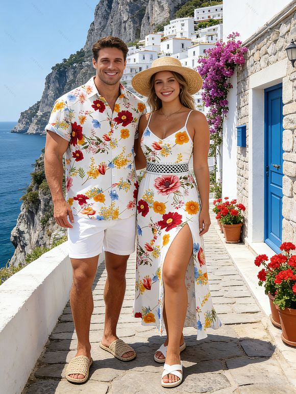 Vacation Couple Outfit Colorful Tropical Floral Print Lace Hollow Out Slit Dress and Shirt Set - multicolor S | US 4
