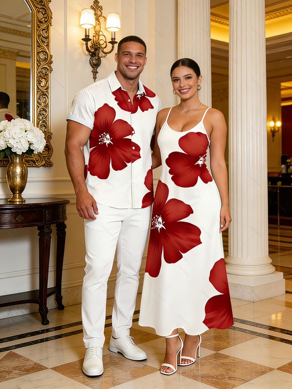 Vacation Couple Outfit Tropical Hibiscus Floral Print Pocket Dress and Shirt Set - Rouge Vineux S | US 4