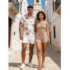 Vacation Couple Outfit Solid Color Ruffle Cinched Romper and Tropical Leaf Print Shirt Set - café lumière S | US 4
