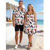 Vacation Couple Outfit Abstract Art Graffiti Color Block Print Ruched Dress and Shirt Set - Blanc S | US 4