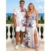 Hawaii Vacation Couple Outfit  Lily Iris Floral Print Lace Hollow Out Slit Dress and Shirt Set - Blanc S | US 4