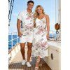 Vacation Couple Outfit Lily Floral Bud Print Pocket Spaghetti Strap Dress and Shirt Set - Blanc S | US 4
