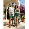 Vacation Couple Outfit Fresh Style Lily Floral Bud Leaf Print Lace Hollow Out Slit Dress and Shirt Set - PLANT GREEN S | US 4