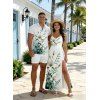 Vacation Couple Outfit Fresh Style Lily Floral Bud Leaf Print Lace Hollow Out Slit Dress and Shirt Set - Blanc S | US 4