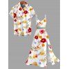Vacation Couple Outfit Colorful Tropical Floral Print Lace Hollow Out Slit Dress and Shirt Set - multicolor S | US 4