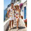 Vacation Couple Outfit Colorful Tropical Floral Print Lace Hollow Out Slit Dress and Shirt Set - multicolor S | US 4