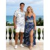 Hawaii Vacation Couple Outfit Sketch Hibiscus Floral Print Lace Hollow Out Slit Dress and Shirt Set - Bleu profond S | US 4