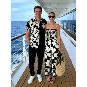 Hawaii Couple Outfit Tribal Hibiscus Floral Print Bowknot Off the Shoulder Jumpsuit and Shirt Set