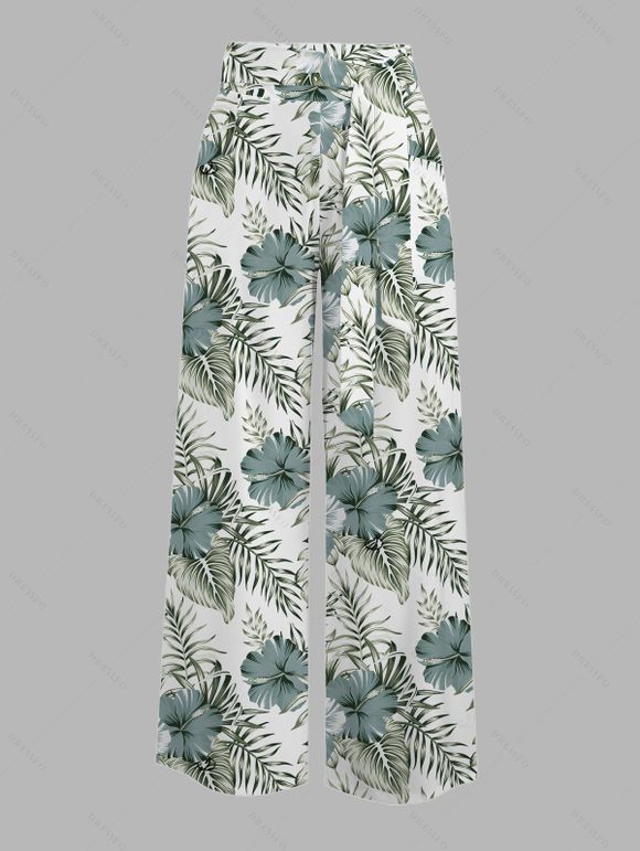Vacation Outfit Textured Padded Cropped Tank Top and Hibiscus Floral Leaf Print Belt Pants Set - Vert clair S | US 4