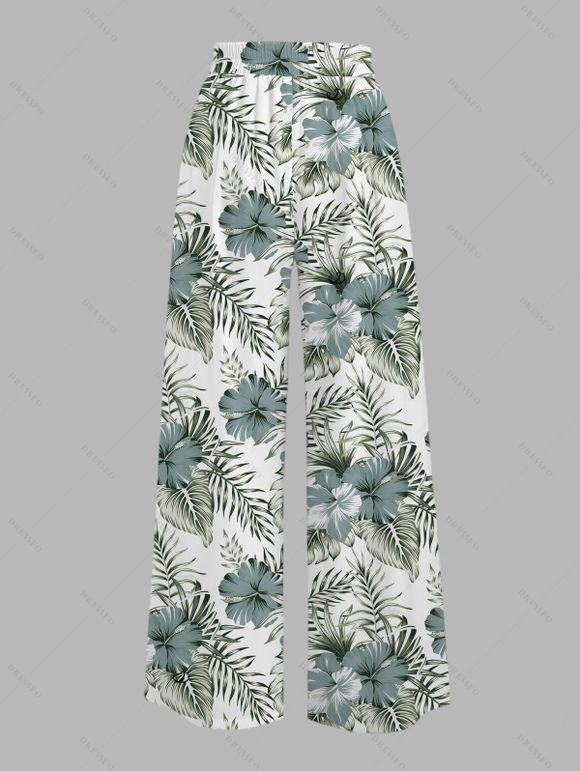 Vacation Outfit Textured Padded Cropped Tank Top and Hibiscus Floral Leaf Print Belt Pants Set - Vert clair S | US 4