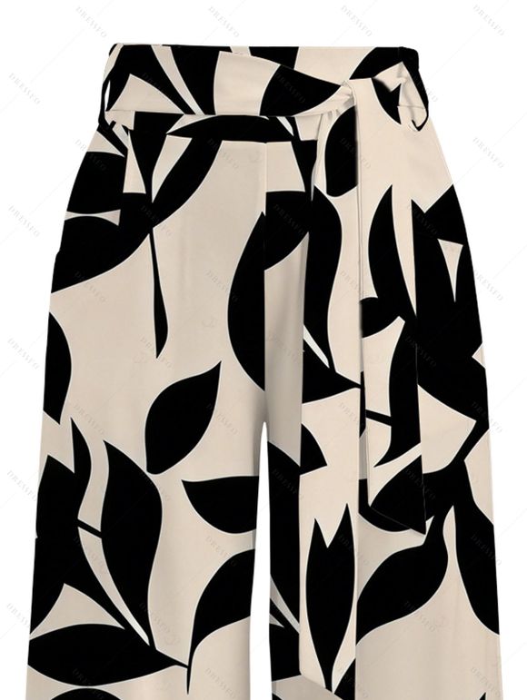 Vacation Pants Abstract Leaf Silhouette Print Wide Leg Belt Pants - Noir XXXXXL | US 20