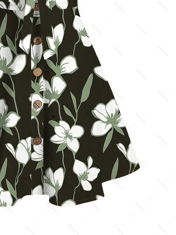 Vacation Dress Magnolia Floral Leaf Print Bowknot Ruffle Mock Button Hawaii Dress - Noir XXL | US 14