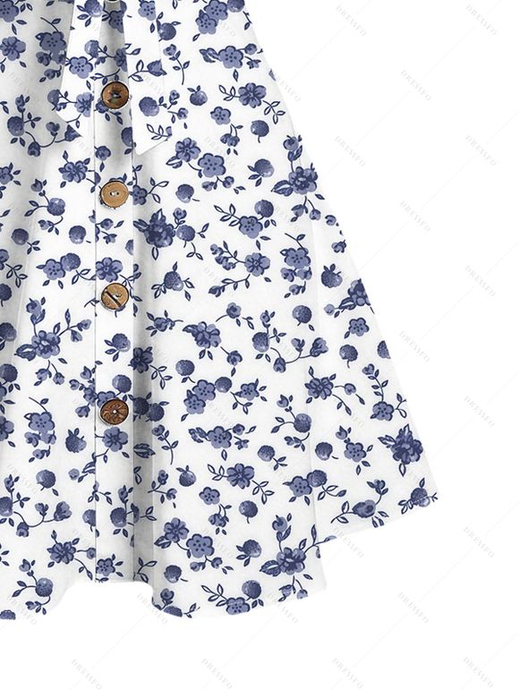 Vacation Dress Porcelain Ditsy Floral Print Bowknot Ruffle Mock Button A Line Dress - Blanc XXL | US 14